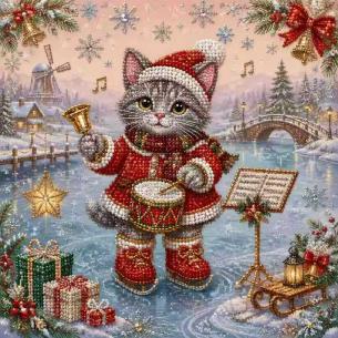 Skating Cat in a Red Coat – Framed Pearl Diamond Painting, 20×20 cm and 30×30 cm