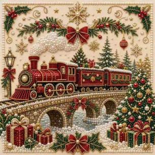 Toy Train on a Stone Bridge – Framed Pearl Diamond Painting, 20×20 cm and 30×30 cm