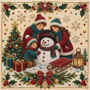 Family Building a Snowman – Framed Pearl Diamond Painting, 20×20 cm and 30×30 cm