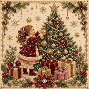 Girl Decorating the Christmas Tree – Framed Pearl Diamond Painting, 20×20 cm and 30×30 cm