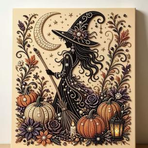 Witch with Black Cat Silhouette – Framed Pearl Diamond Painting, 20×20 cm and 30×30 cm