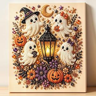 Friendly Ghosts with Lantern – Framed Pearl Diamond Painting, 20×20 cm and 30×30 cm
