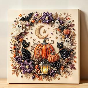 Black Cats by the Pumpkin – Framed Pearl Diamond Painting, 20×20 cm and 30×30 cm
