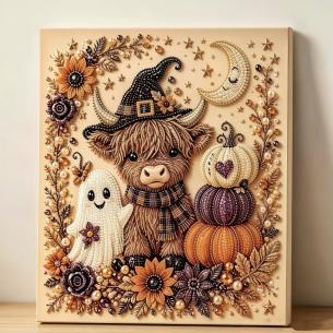 Highland Cow with Pumpkins – Framed Pearl Diamond Painting, 20×20 cm and 30×30 cm