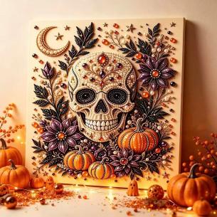 Sugar Skull and Harvest Pumpkins – Framed Pearl Diamond Painting, 20×20 cm and 30×30 cm