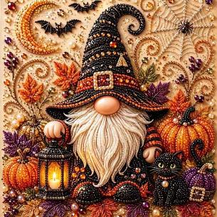 Gnome with Jack-o-Lantern – Framed Pearl Diamond Painting, 20×20 cm and 30×30 cm
