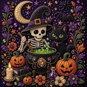 Skeleton Witch with Cauldron – Framed Pearl Diamond Painting, 20×20 cm and 30×30 cm