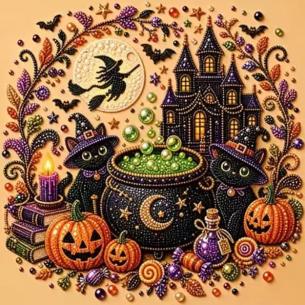 Witch Hat and Cauldron on Purple – Framed Pearl Diamond Painting, 20×20 cm and 30×30 cm