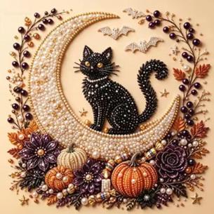 Black Cat on a Crescent Moon – Framed Pearl Diamond Painting, 20×20 cm and 30×30 cm