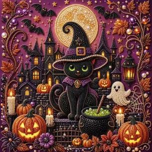 Black Cat Witch with Cauldron – Framed Pearl Diamond Painting, 20×20 cm and 30×30 cm