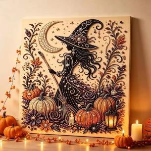 Witch Silhouette with Pumpkins – Framed Pearl Diamond Painting, 20×20 cm and 30×30 cm