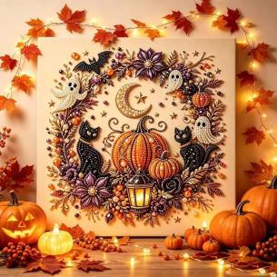 Black Cat with Lantern and Pumpkin – Framed Pearl Diamond Painting, 20×20 cm and 30×30 cm