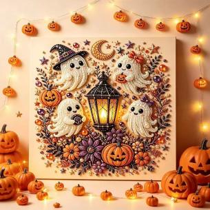 Ghost with Lantern Wreath – Framed Pearl Diamond Painting, 20×20 cm and 30×30 cm