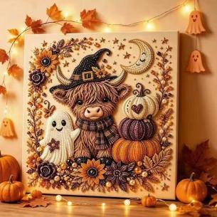 Highland Cow with Fall Pumpkins – Framed Pearl Diamond Painting, 20×20 cm and 30×30 cm
