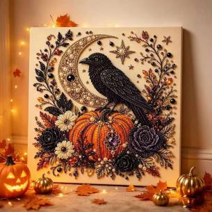 Raven on a Pumpkin – Framed Pearl Diamond Painting, 20×20 cm and 30×30 cm