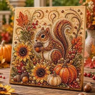 Squirrel with Sunflowers – Framed Pearl Diamond Painting, 20×20 cm and 30×30 cm
