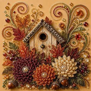 Fall Birdhouse with Florals – Framed Pearl Diamond Painting, 20×20 cm and 30×30 cm