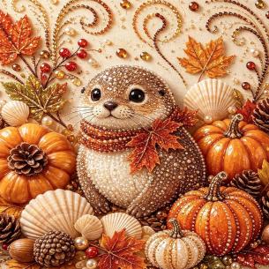 Otter with Harvest Pumpkins – Framed Pearl Diamond Painting, 20×20 cm and 30×30 cm