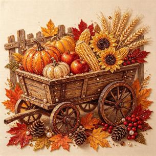 Harvest Wagon with Corn and Gourds – Framed Pearl Diamond Painting, 20×20 cm and 30×30 cm