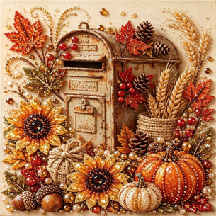 Autumn Mailbox with Flowers – Framed Pearl Diamond Painting, 20×20 cm and 30×30 cm