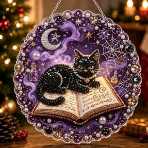 Black Cat Reading Ornament – Pearl Acrylic Hanging Ornament, 20×20 cm and 30×30 cm