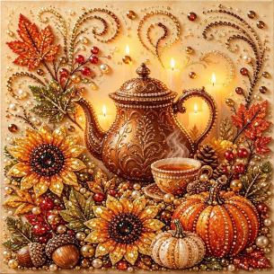 Copper Kettle and Pumpkins – Framed Pearl Diamond Painting, 20×20 cm and 30×30 cm