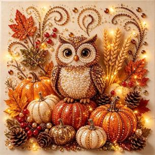 Owl among Pumpkins – Framed Pearl Diamond Painting, 20×20 cm and 30×30 cm
