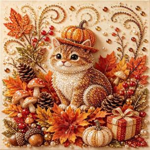 Kitten with Pumpkins – Framed Pearl Diamond Painting, 20×20 cm and 30×30 cm