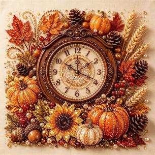 Vintage Clock and Pumpkins – Framed Pearl Diamond Painting, 20×20 cm and 30×30 cm