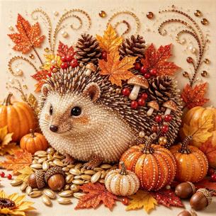 Hedgehog with Pinecones – Framed Pearl Diamond Painting, 20×20 cm and 30×30 cm