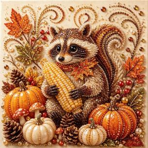 Raccoon with Indian Corn – Framed Pearl Diamond Painting, 20×20 cm and 30×30 cm