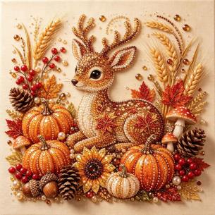 Deer among Pumpkins – Framed Pearl Diamond Painting, 20×20 cm and 30×30 cm