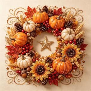 Pumpkin Wreath with Star – Framed Pearl Diamond Painting, 20×20 cm and 30×30 cm