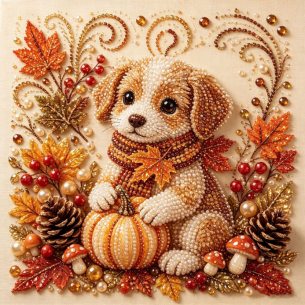 Puppy with Pumpkin – Framed Pearl Diamond Painting, 20×20 cm and 30×30 cm