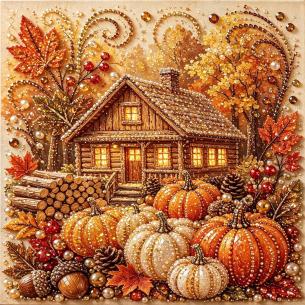 Log Cabin Harvest Scene – Framed Pearl Diamond Painting, 20×20 cm and 30×30 cm