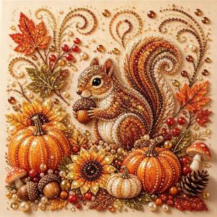 Squirrel with Pumpkins and Corn – Framed Pearl Diamond Painting, 20×20 cm and 30×30 cm