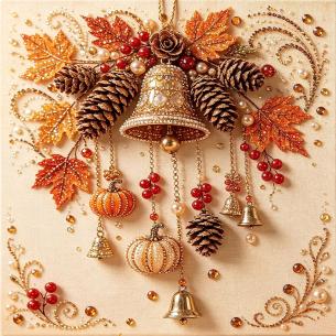 Harvest Bell with Pinecones – Framed Pearl Diamond Painting, 20×20 cm and 30×30 cm