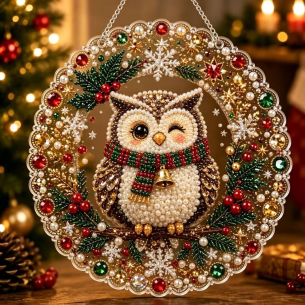 Owl with Poinsettia Ornament – Pearl Acrylic Hanging Ornament, 20×20 cm and 30×30 cm