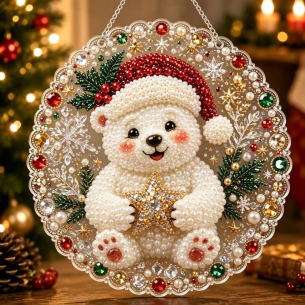 Santa Teddy Bear Ornament – Pearl Acrylic Hanging Ornament, 20×20 cm and 30×30 cm