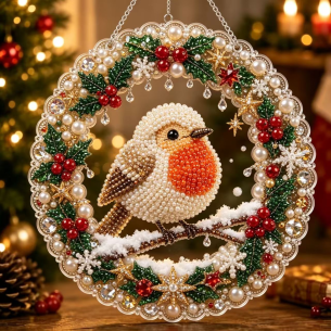 Robin on a Wreath Ornament – Pearl Acrylic Hanging Ornament, 20×20 cm and 30×30 cm