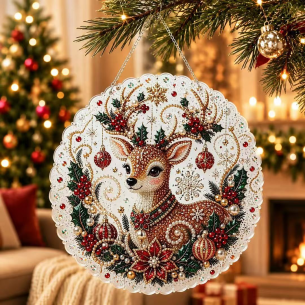 Round Reindeer Ornament – Pearl Acrylic Hanging Ornament, 20×20 cm and 30×30 cm