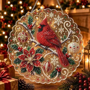 Cardinal on Poinsettia Ornament – Pearl Acrylic Hanging Ornament, 20×20 cm and 30×30 cm