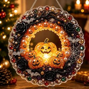 Jack-o-Lantern Wreath Ornament – Pearl Acrylic Hanging Ornament, 20×20 cm and 30×30 cm