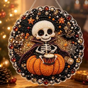 Skeleton on Pumpkin Ornament – Pearl Acrylic Hanging Ornament, 20×20 cm and 30×30 cm