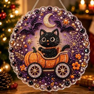 Cat in a Pumpkin Carriage Ornament – Pearl Acrylic Hanging Ornament, 20×20 cm and 30×30 cm