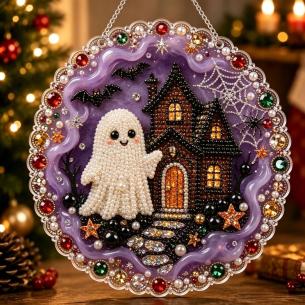Ghost and Haunted House Ornament – Pearl Acrylic Hanging Ornament, 20×20 cm and 30×30 cm