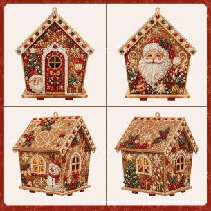 Wooden House Set A - Four Cottage Designs – Pearl Diamond Painting Wooden House Kit, 17×17 cm