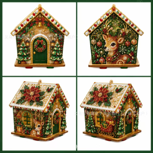 Wooden House Set B - Four Cottage Designs – Pearl Diamond Painting Wooden House Kit, 17×17 cm