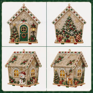 Wooden House Set E - Four Cottage Designs – Pearl Diamond Painting Wooden House Kit, 17×17 cm