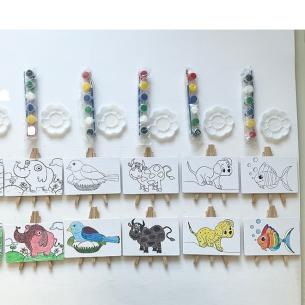 Animal Theme Canvas Painting Kit with Wooden Easel – 10x15cm Animals & Fish Art Panel Set (Elephant, Bluebird, Cow, Puppy & Rainbow Fish)
